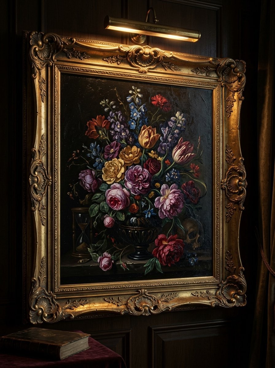 An oil painting of colorful flowers, an hourglass, and a skull housed in an intricate, dark gold frame.