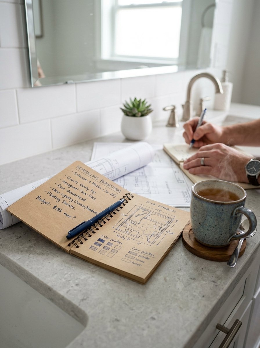 Man planning a bathroom remodel on quartz countertops with blueprints and a steaming mug of tea.