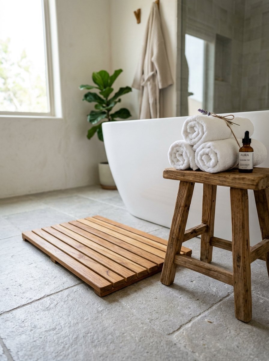 White tub next to a wood stool holding stacked white towels and a brown glass essential oil bottle.