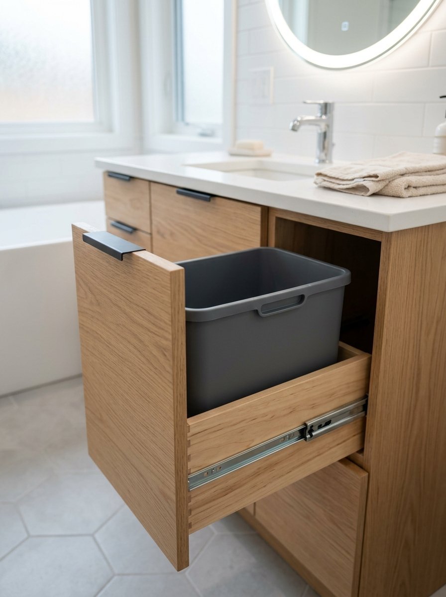 A light oak bathroom vanity with an open drawer containing a grey plastic waste bin.
