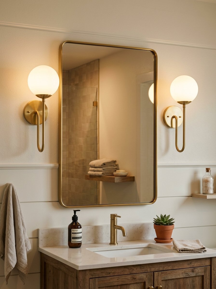 A modern bathroom vanity with a brass-framed mirror flanked by two glowing globe wall sconces above the sink.