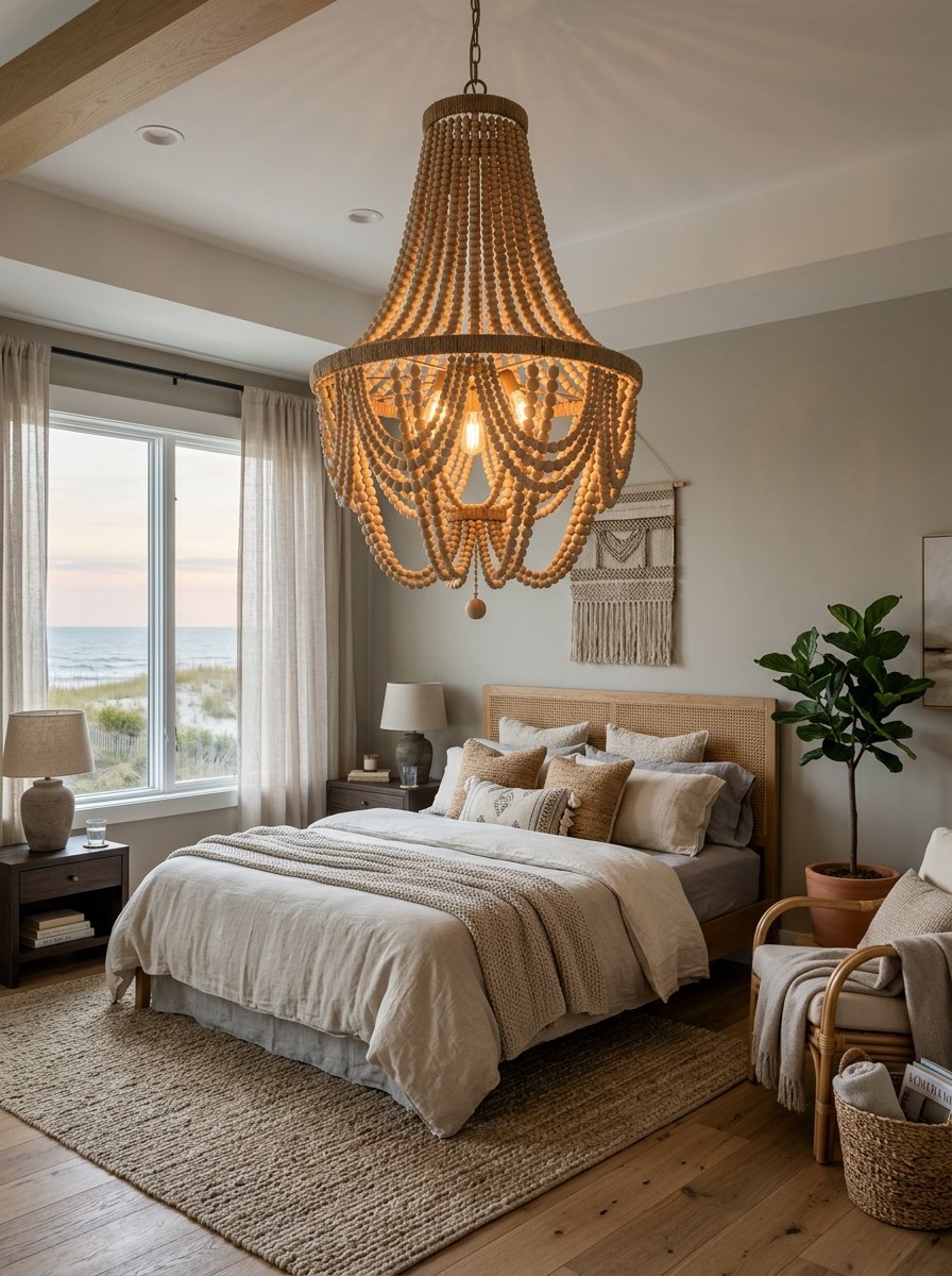A wooden beaded chandelier illuminates a neutral bedroom with a rattan headboard and ocean view window.