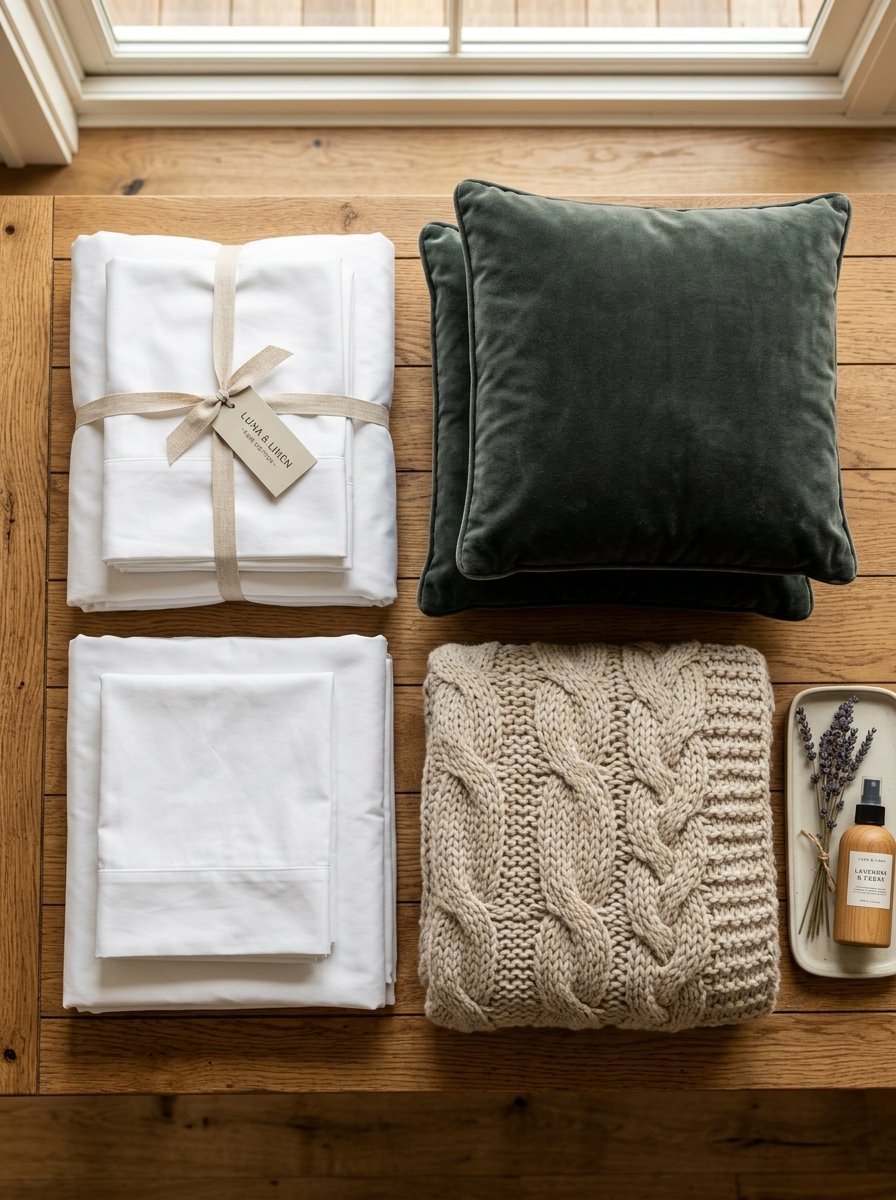 Top-down view of white linens tied with ribbon, dark green velvet throw pillows, and a chunky knit beige blanket.