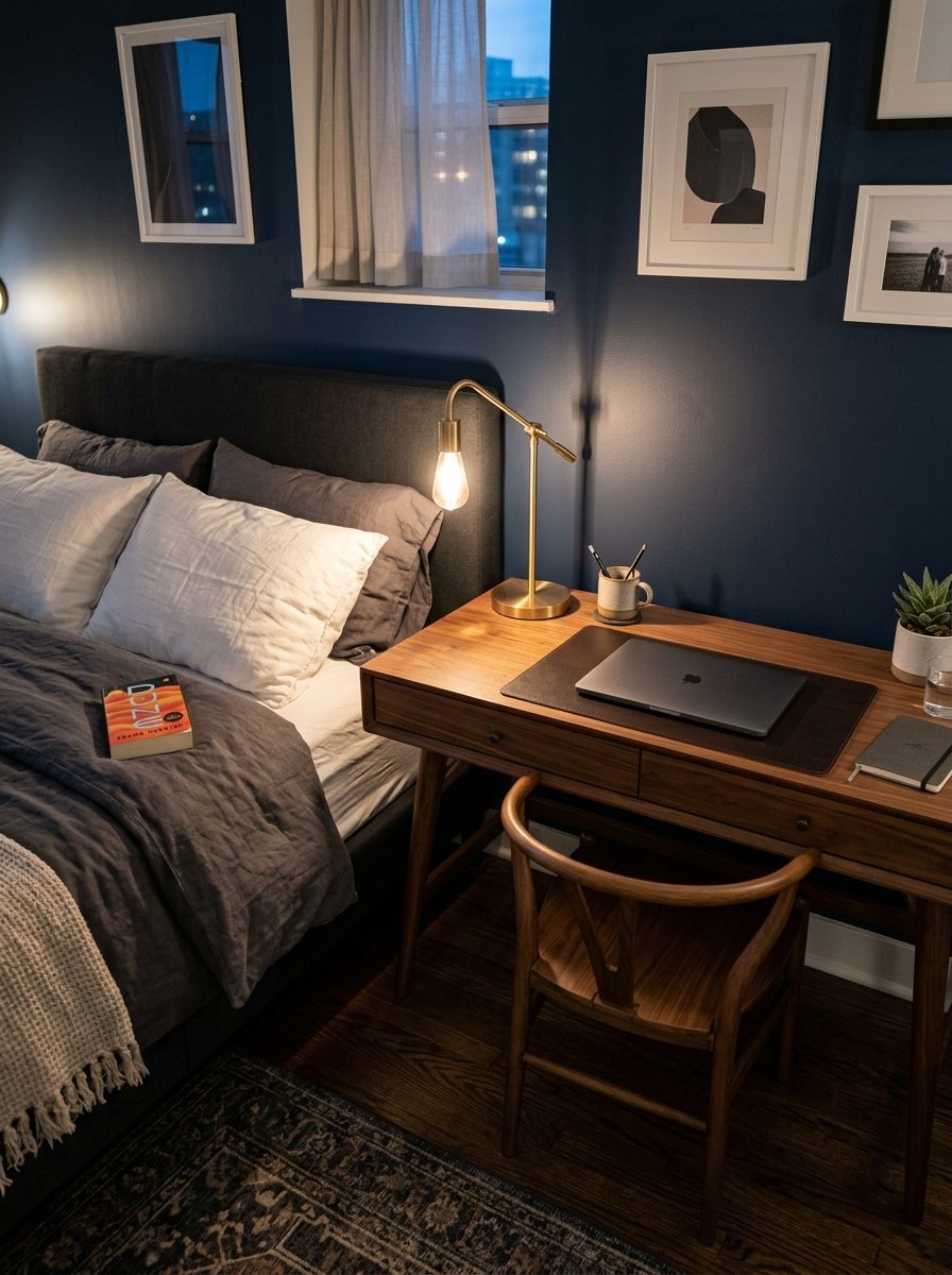 Modern bedroom with dark navy walls, wooden desk, lamp, and bed with Dune book.