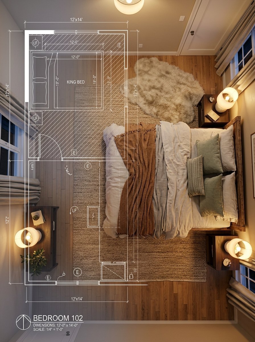 Architectural floor plan overlay on a real photograph of a furnished bedroom with a king size bed and rugs.