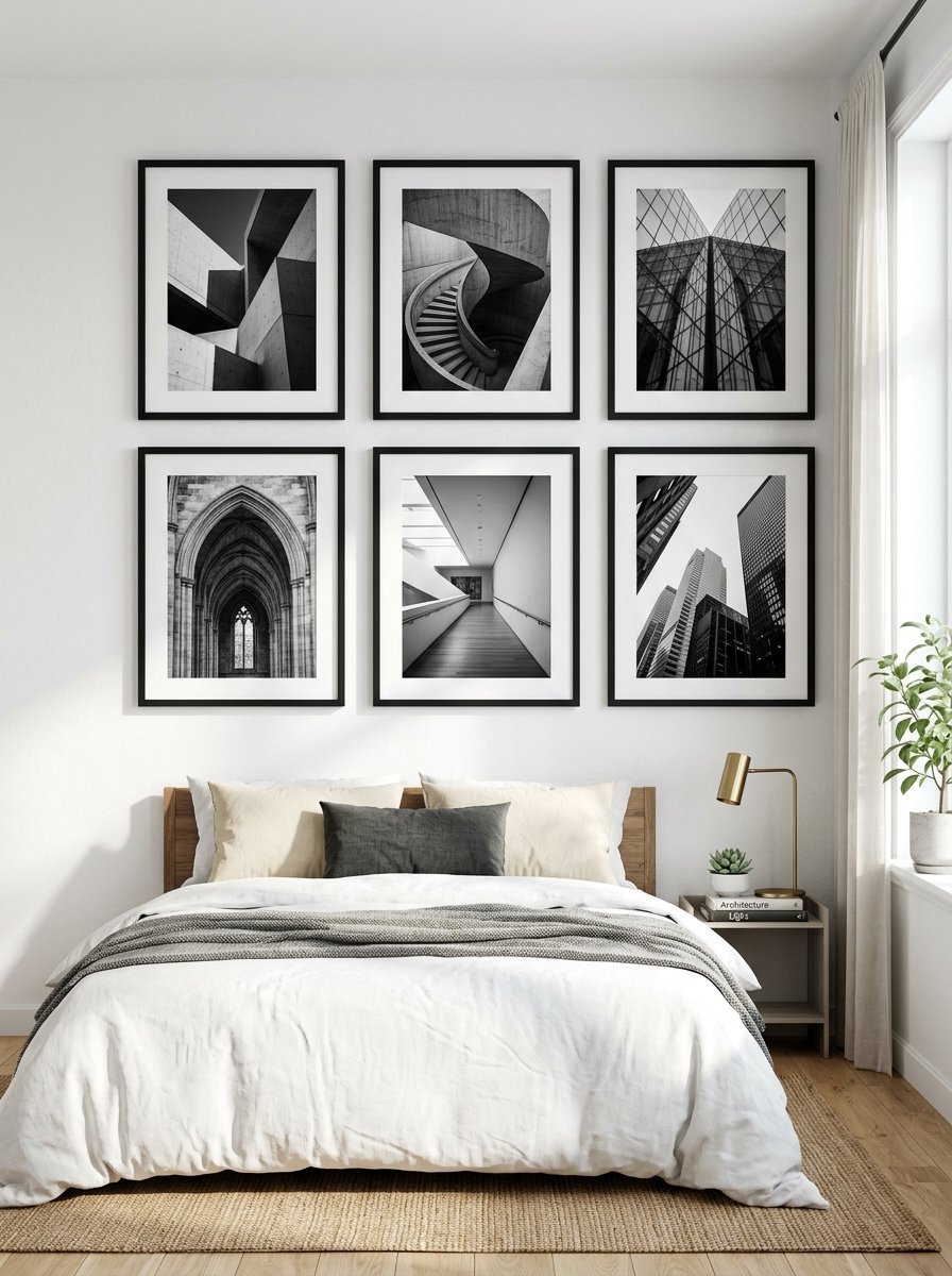 A bed with white bedding and a gallery wall above displaying six framed black and white urban architectural photos.