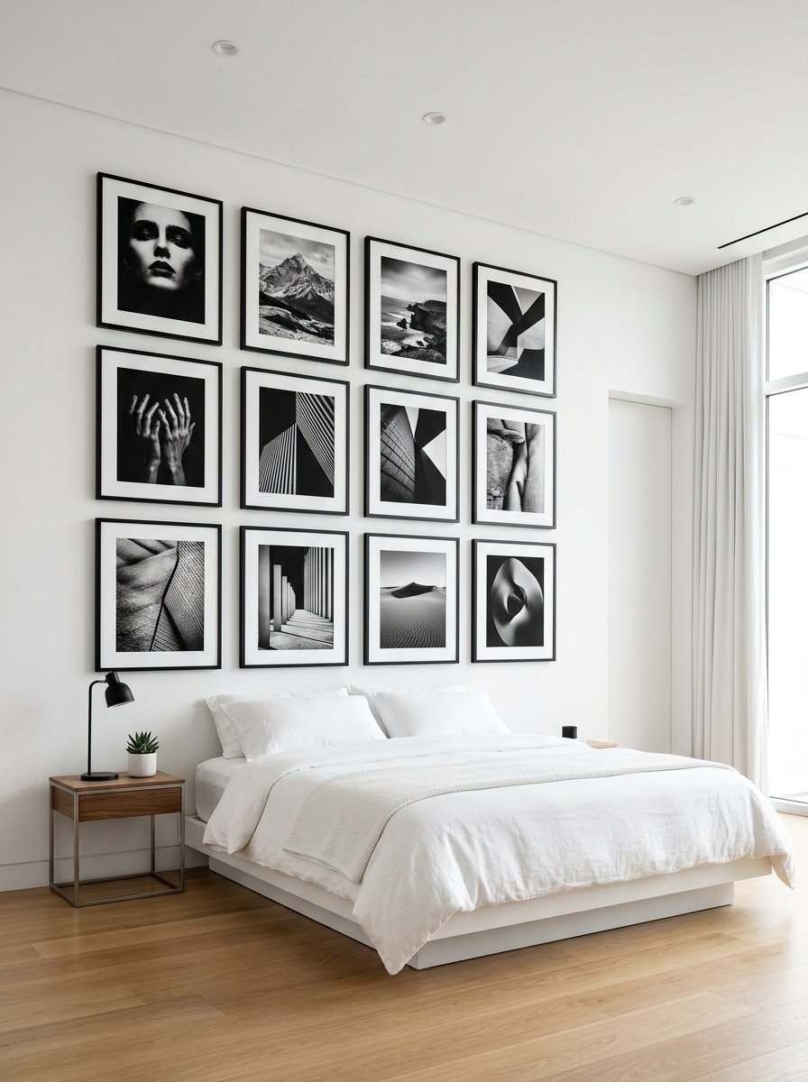 A white bedroom wall decorated with a large grid of black and white abstract and landscape photography.