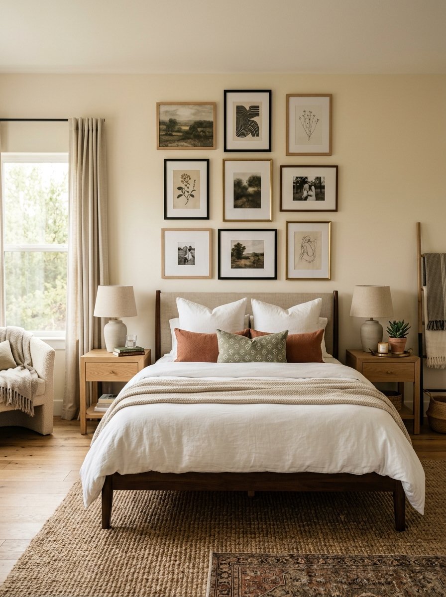 A bed with white bedding, terracotta pillows, and a gallery wall with various framed prints in a neutral bedroom.