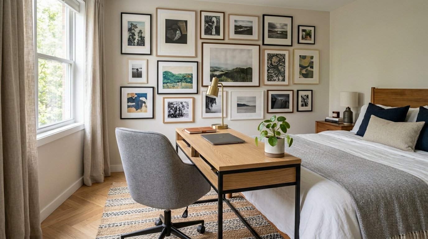 A modern wooden desk with a laptop and houseplant sits in a bedroom featuring a large gallery wall of framed art.