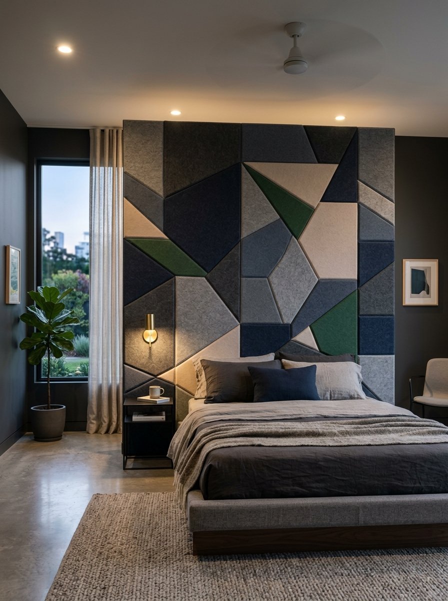 A bedroom features a large geometric wall panel in shades of blue, green, and grey behind the bed.
