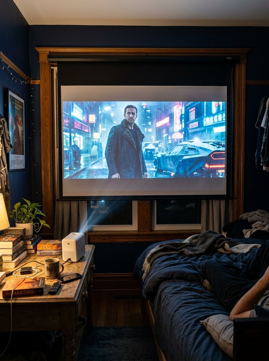 A small projector sits on a wooden desk casting a sci-fi movie onto a pull-down screen in a dark blue bedroom.
