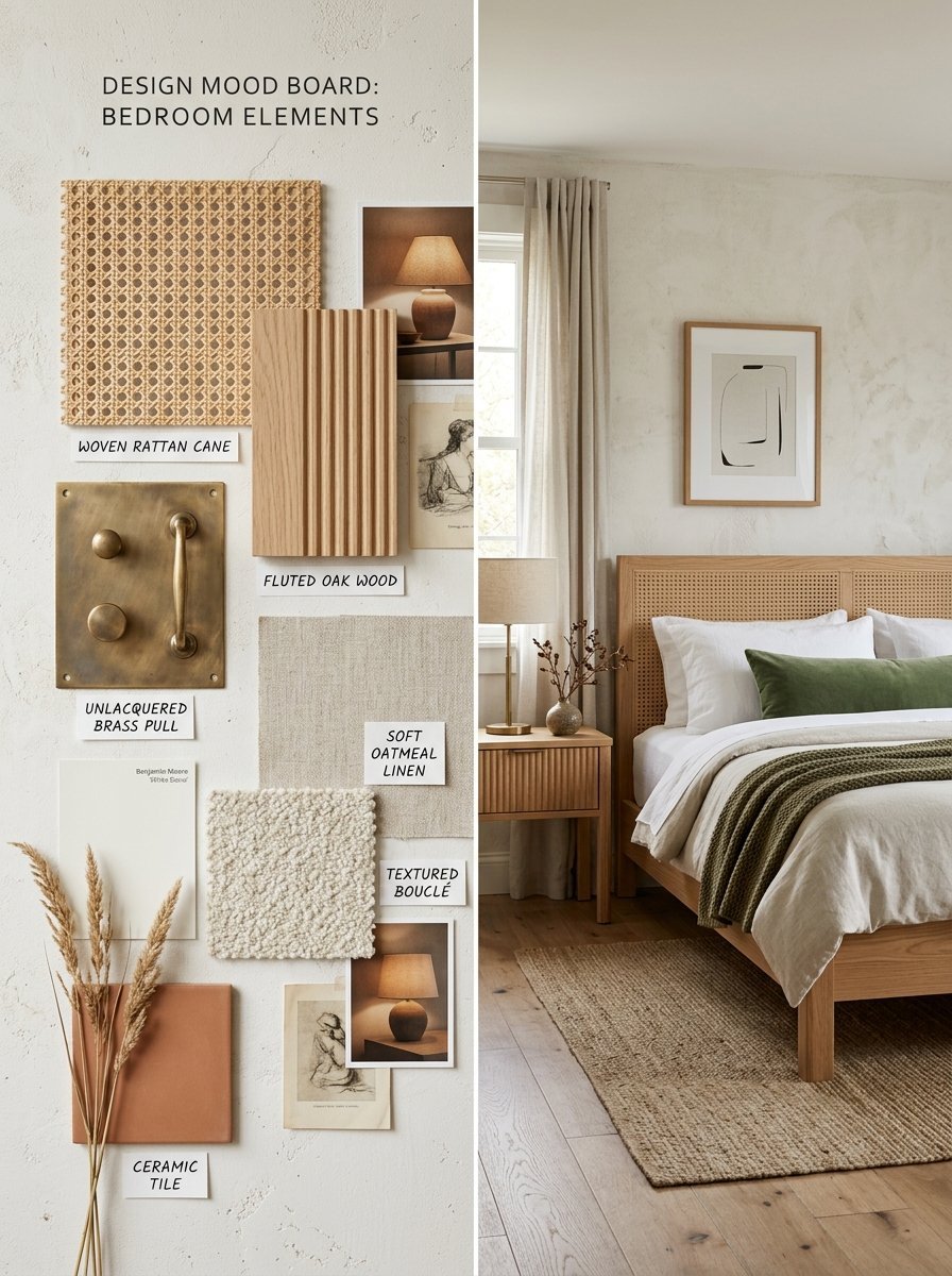 A collage showing raw material samples like rattan, brass, and linen next to a finished bedroom with a cane bed frame.