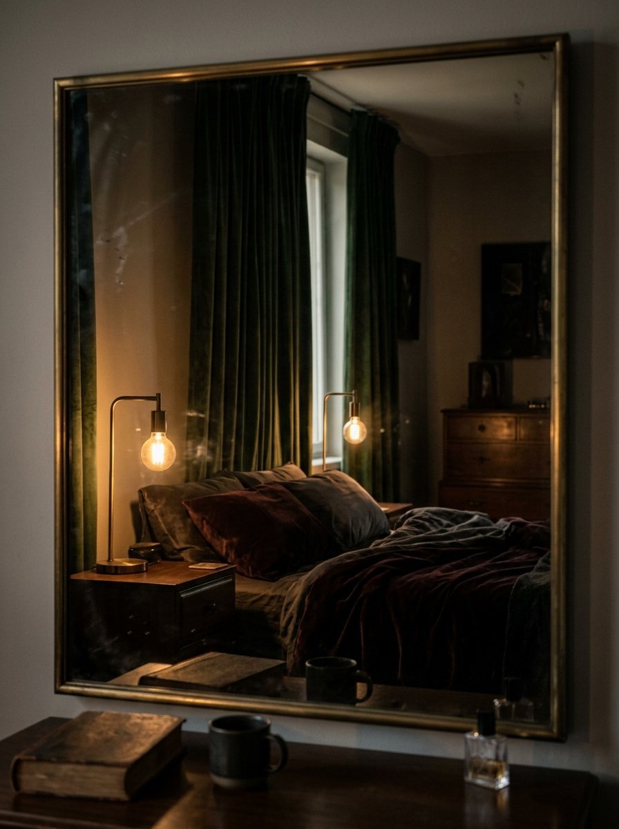 Reflection of a dimly lit bedroom with green curtains and velvet pillows shown in a rectangular mirror.