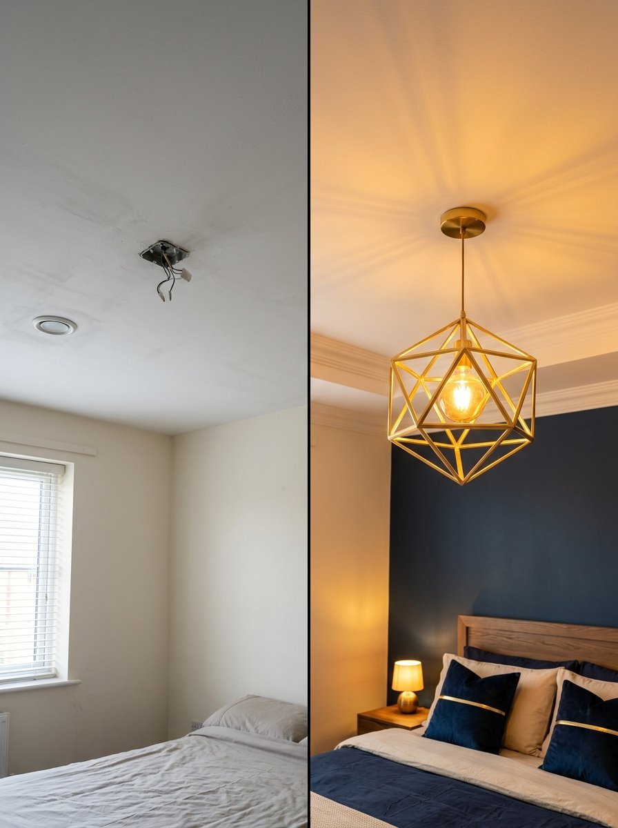 Split image showing a ceiling wiring box on the left and a finished gold geometric pendant light on the right.