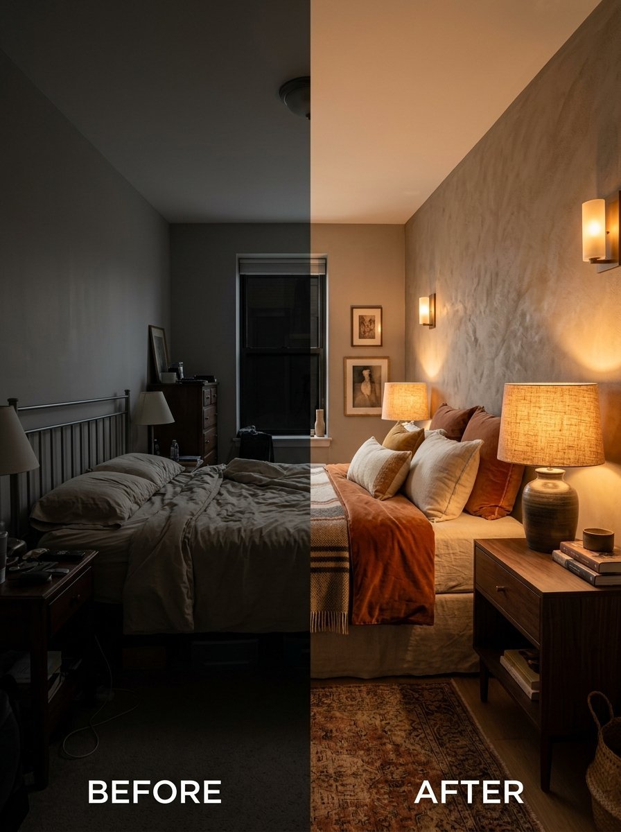 Split view showing a dimly lit bedroom compared to the same room styled with warm lamps and textures.