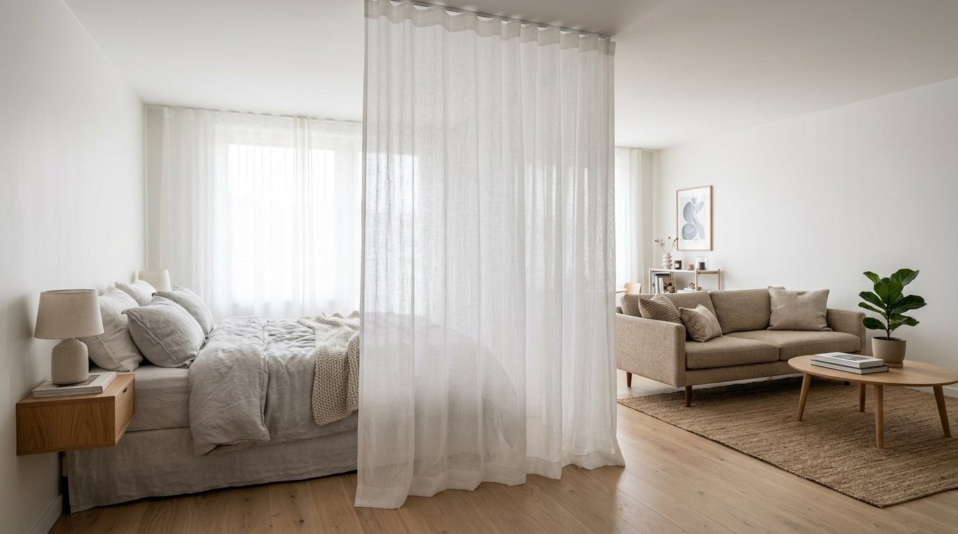 A white fabric curtain hanging from the ceiling divides a cozy bedroom from a bright living area.