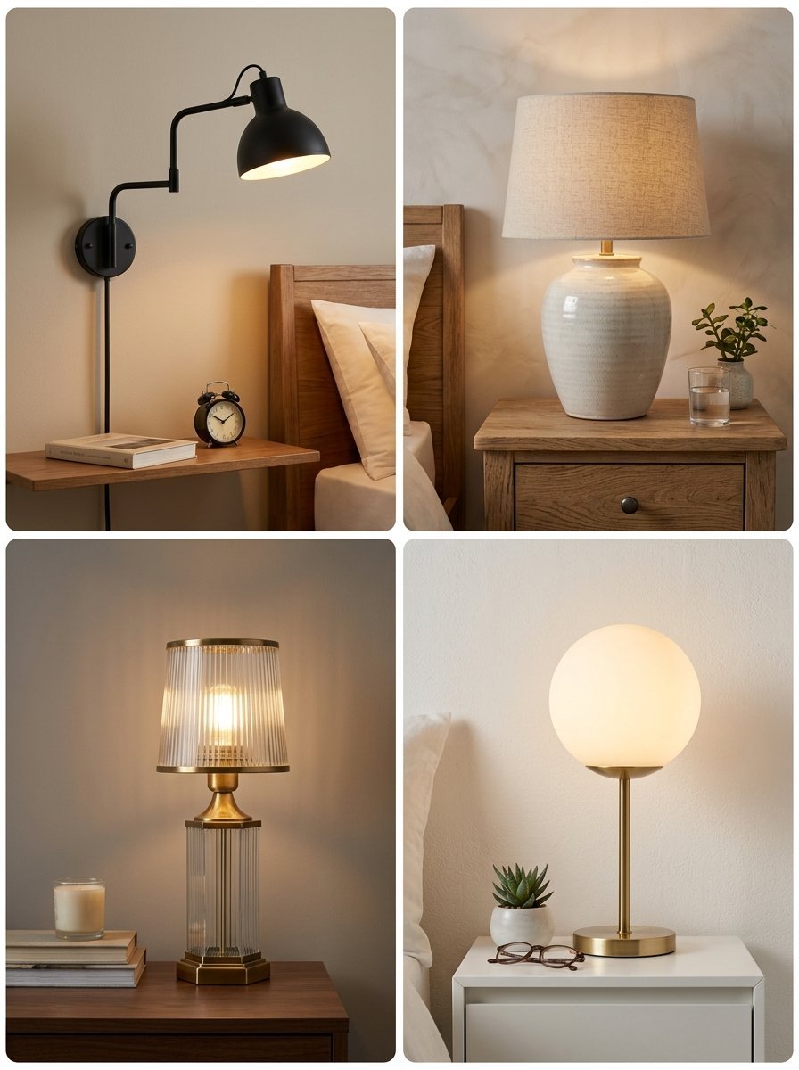 Four separate images showing various bedroom lamps including a wall sconce, ceramic lamp, fluted glass lamp, and globe.
