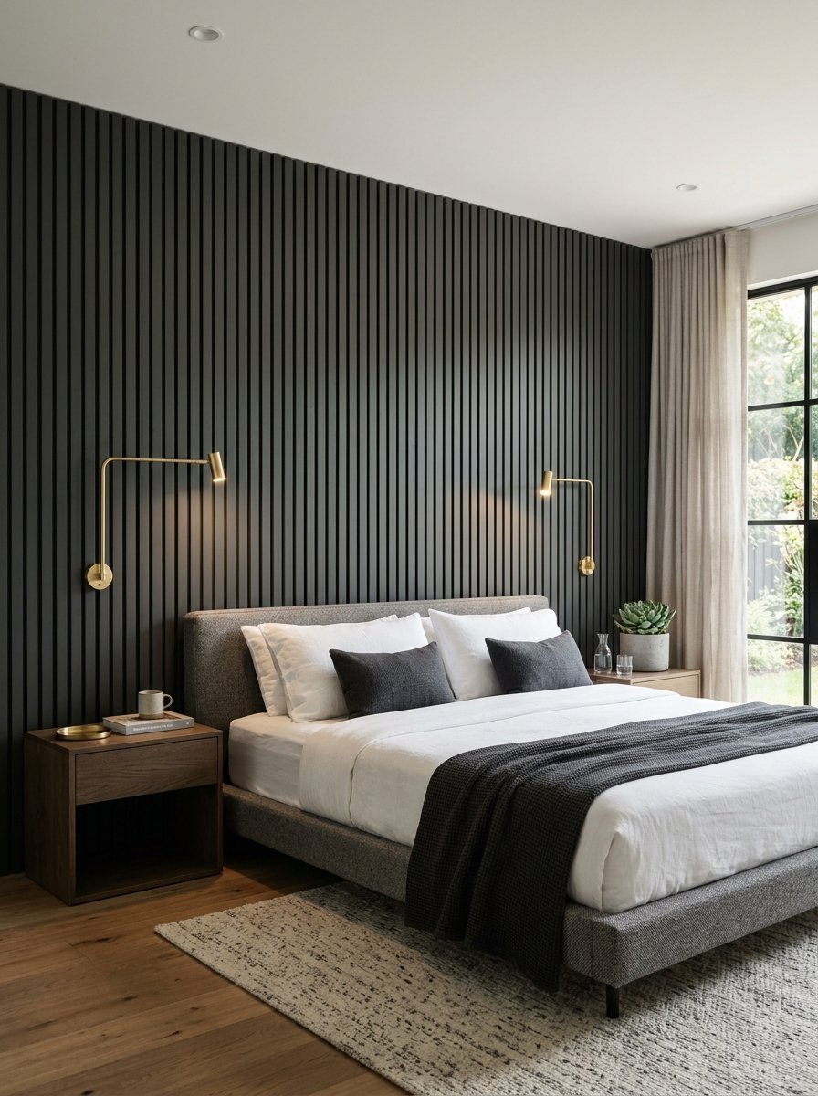 A contemporary bedroom with a dark grey wood slatted wall, gold wall-mounted lamps, and a platform bed.