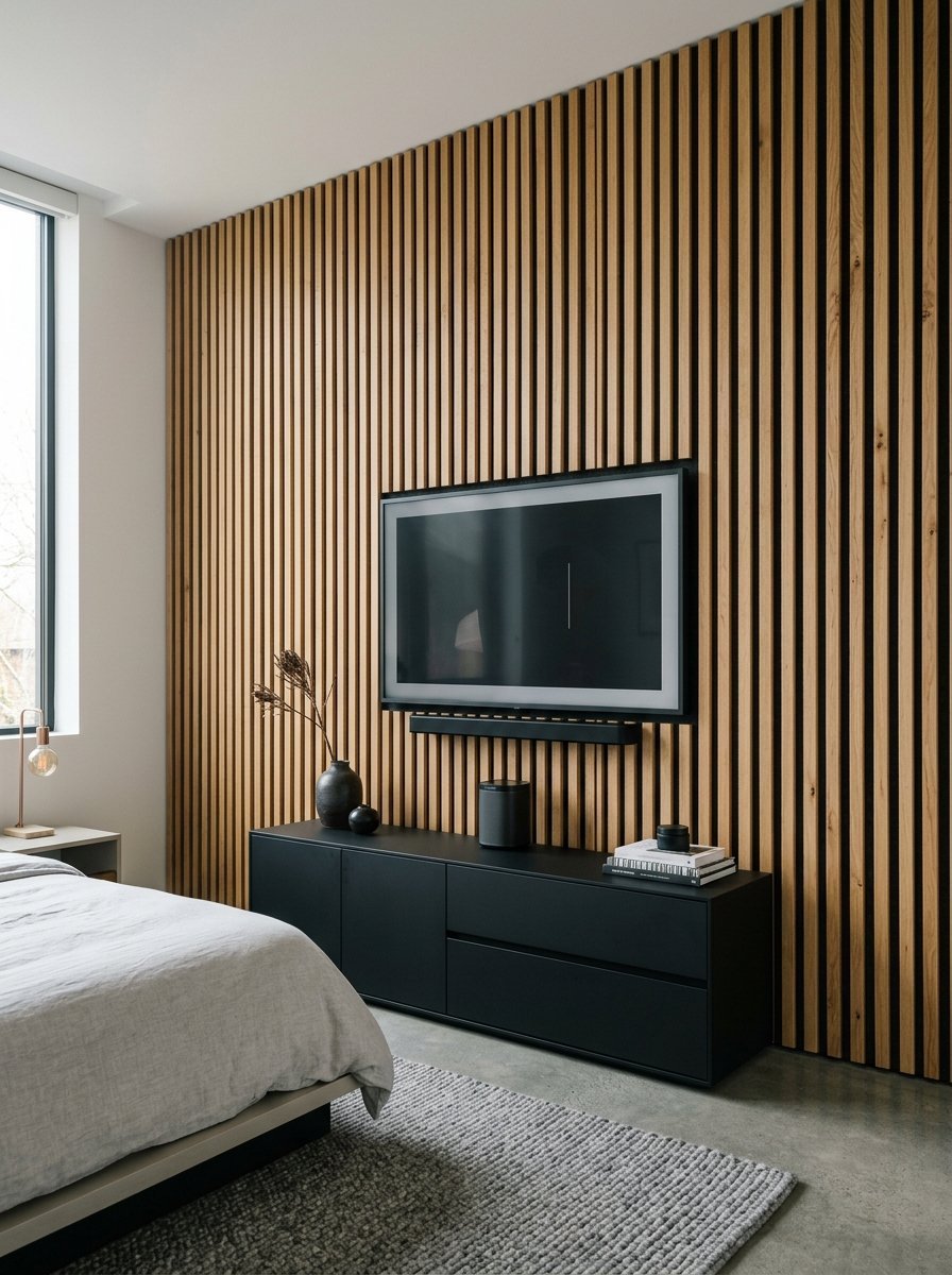 A black media console sits against a wall of natural wood paneling with a flat screen TV mounted above it.