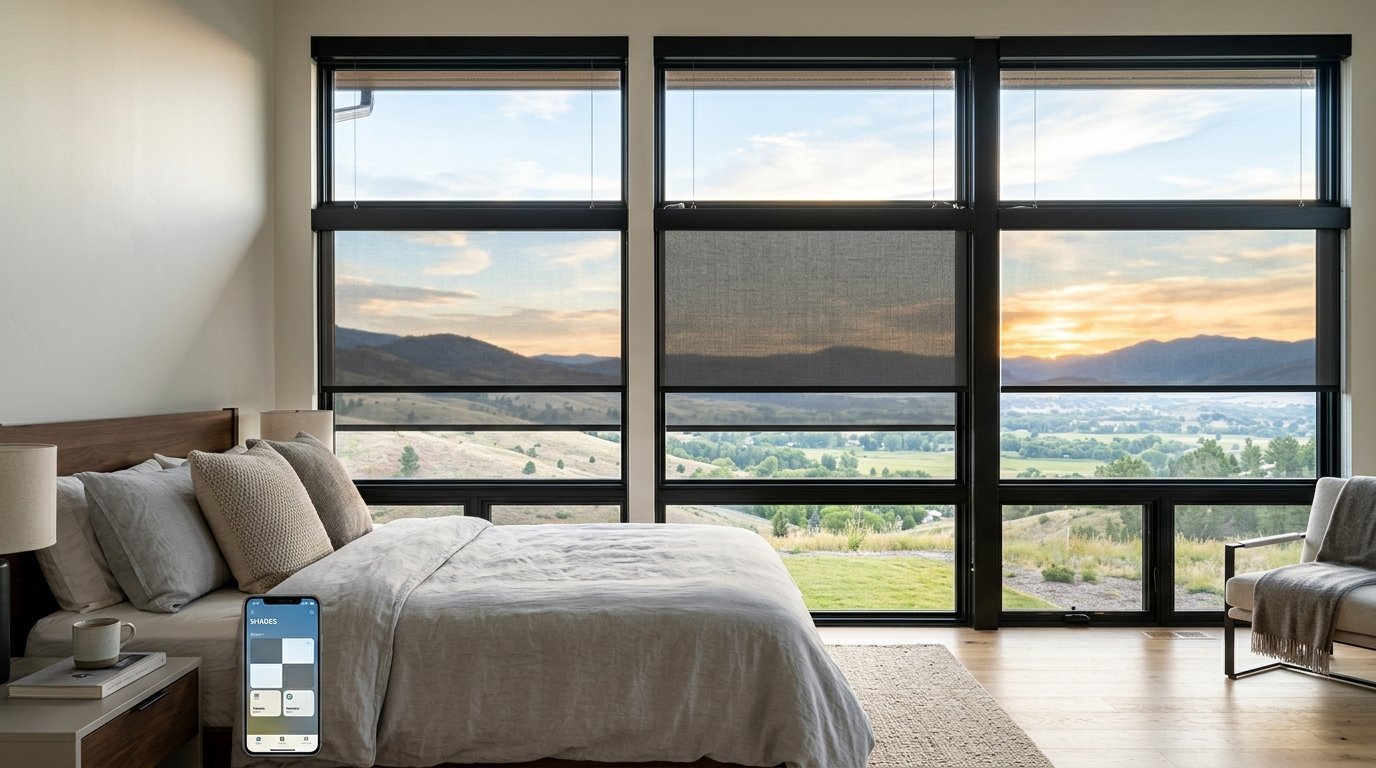 Smartphone with smart home app controlling bedroom window shades during a scenic mountain sunset.