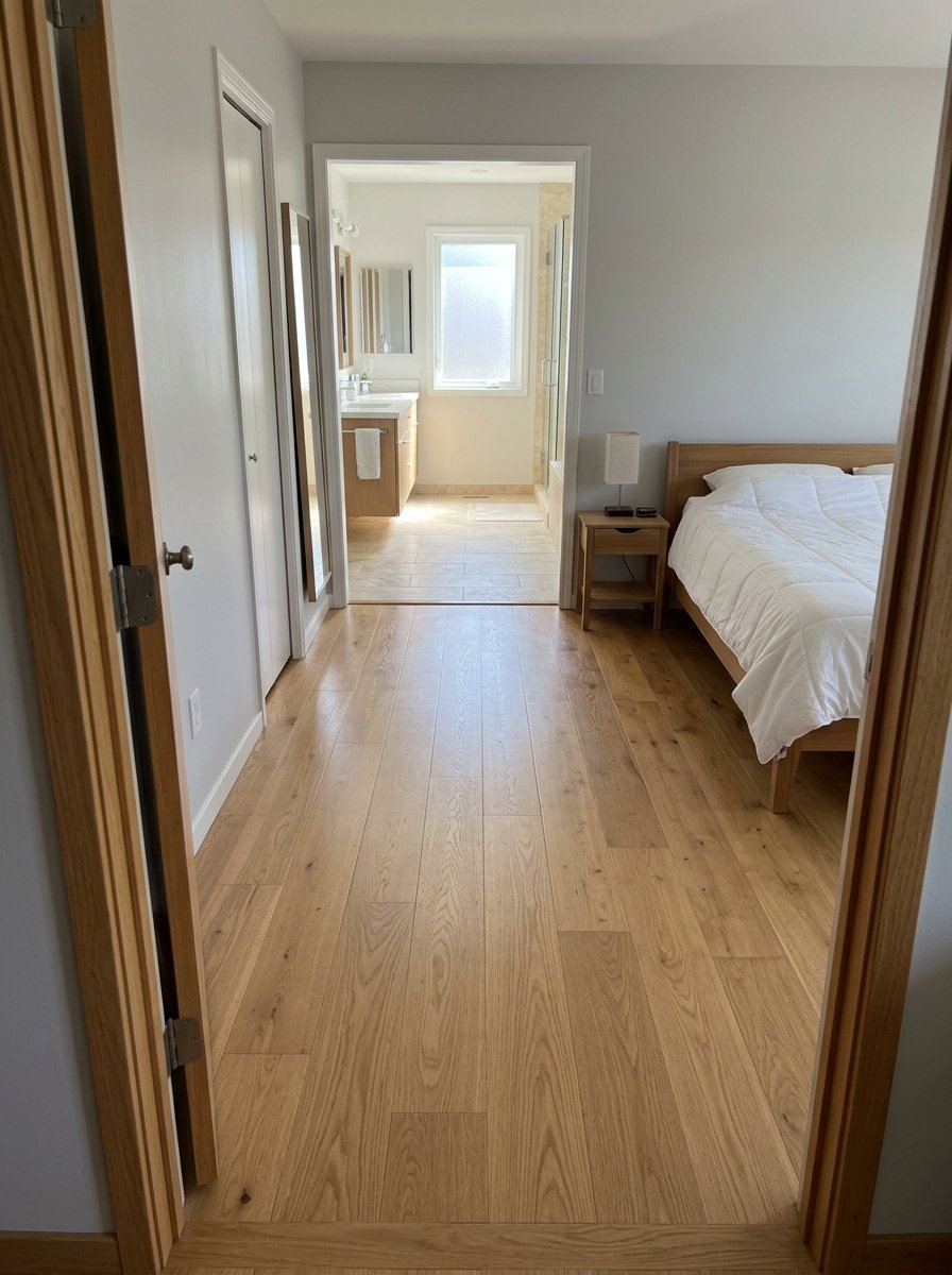 Hardwood bedroom floors leading into a lit ensuite bathroom with a wooden vanity.