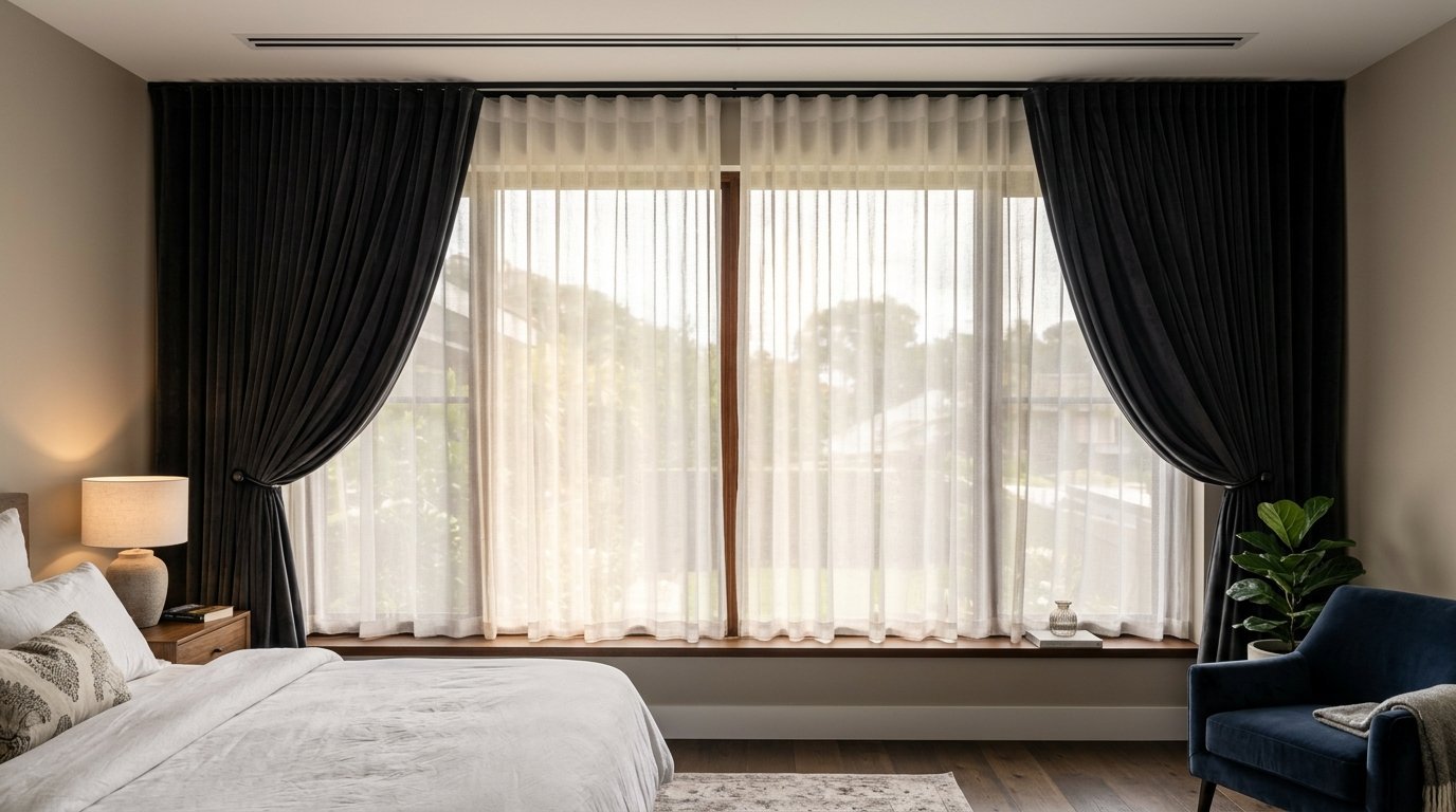 A sunlit bedroom window covered by white sheer curtains behind heavy charcoal velvet drapes.