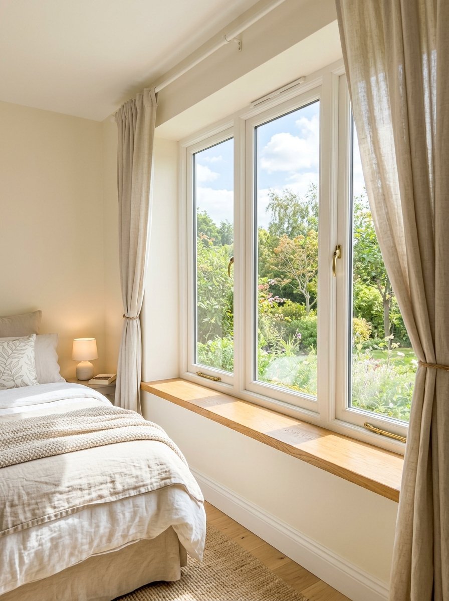 A bright bedroom with linen curtains, a white window frame, and a wide oak ledge looking out to greenery.