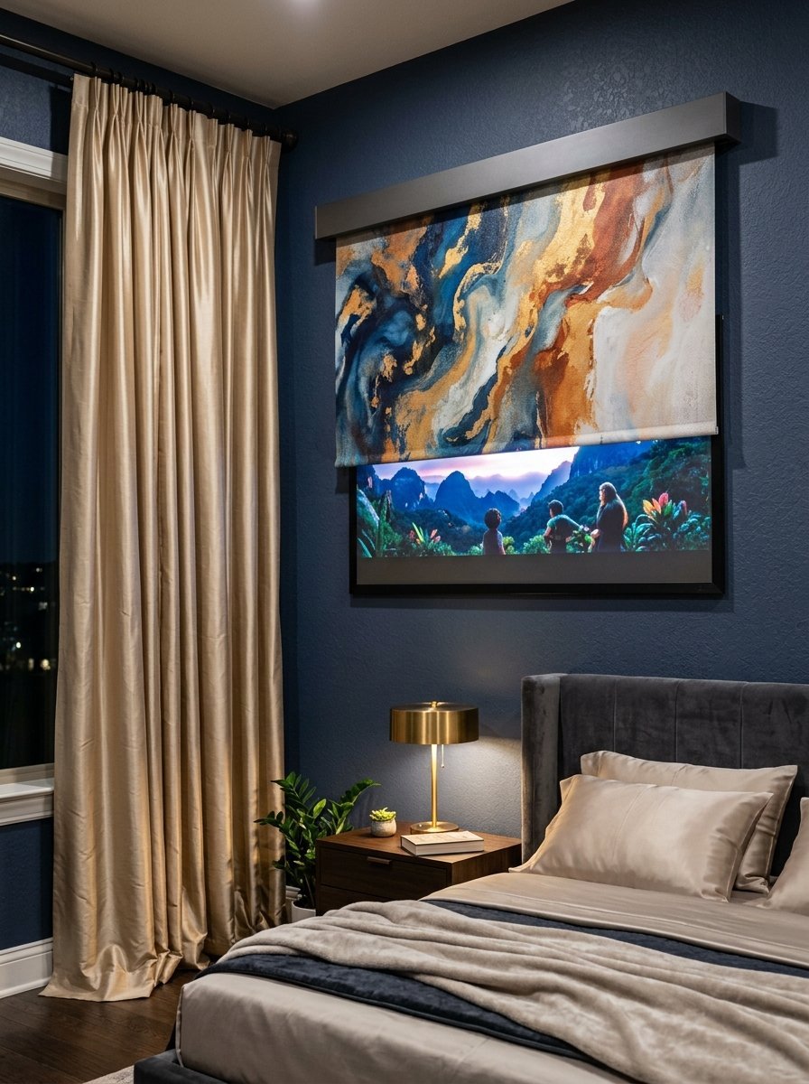A bedroom with navy walls, champagne curtains, and a roller shade displaying abstract art over a glowing media screen.
