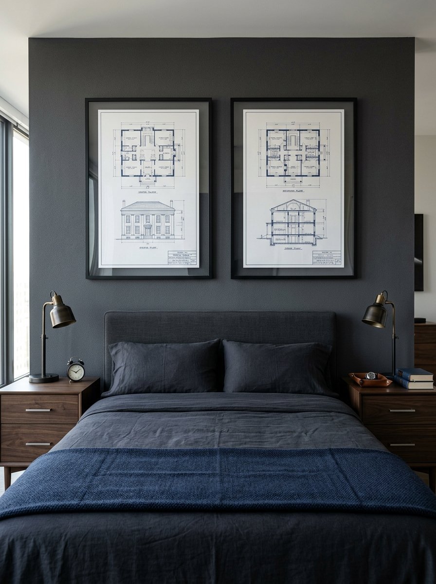 A dark contemporary bedroom featuring two framed house floor plan blueprints hanging on a charcoal grey accent wall.