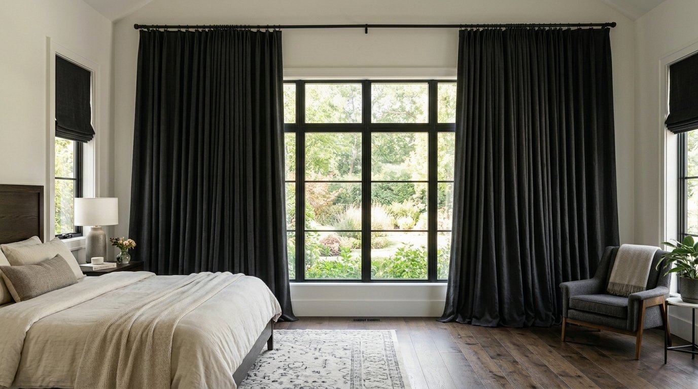 A luxury bedroom with dark linen curtains framing a large window overlooking a sunny backyard garden.