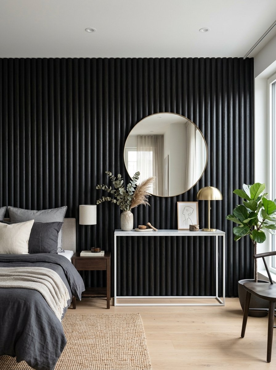 Bedroom interior with a black textured wall, round gold mirror, and white console table with decor.