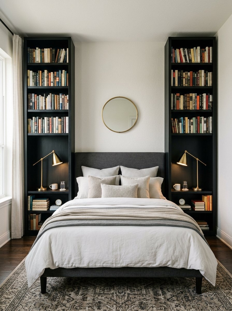 A bed nestled between two tall black bookshelves with gold lamps and a round mirror on the wall.