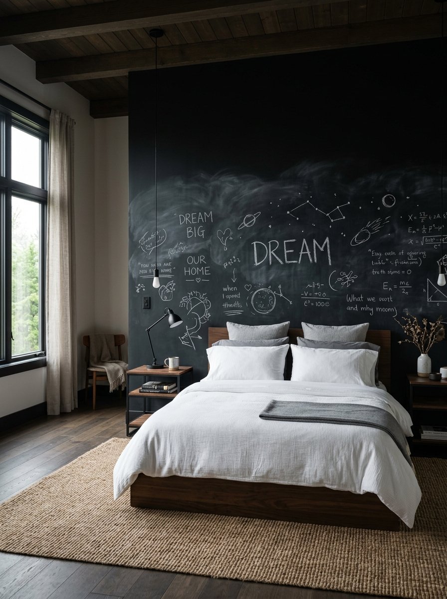 A wooden platform bed sits in front of a dark chalkboard wall covered in white chalk drawings and scientific formulas.