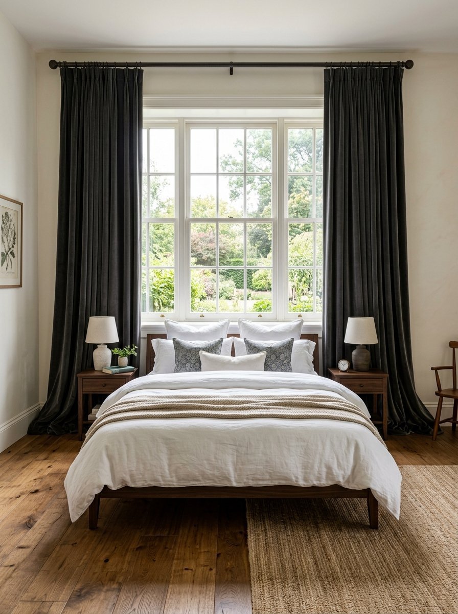 A bedroom with white bedding in front of a window flanked by heavy dark grey curtains on wood floors.