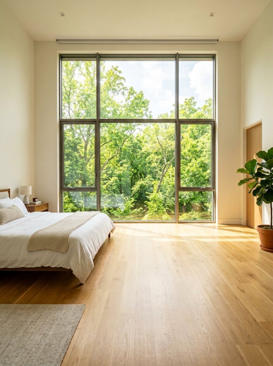 Bright bedroom with wooden floors, white bed, and a wall of windows revealing a dense green forest outside.