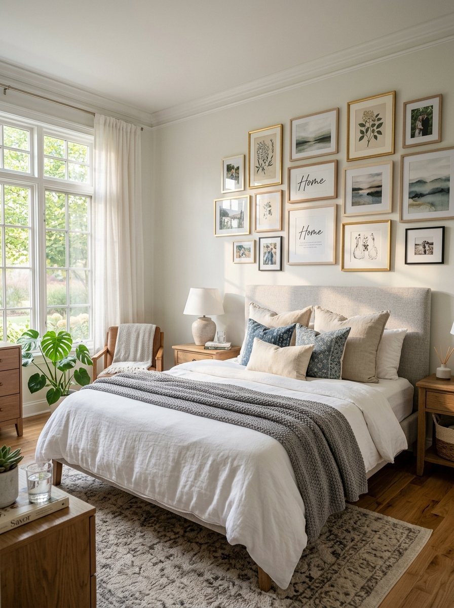 A sunlit bedroom with an upholstered bed, layered grey blankets, and a diverse collection of framed art on the wall.