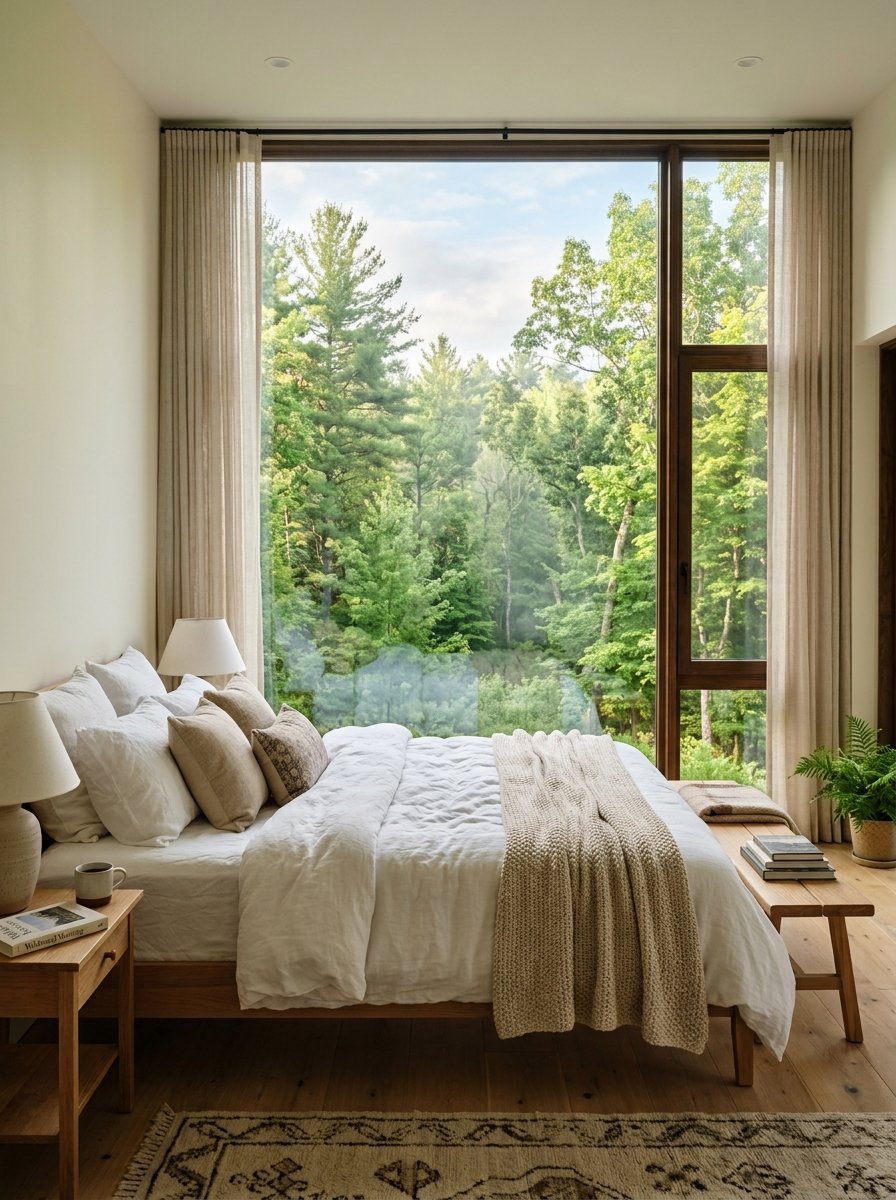 A serene bedroom with a large window looking out onto a lush green forest with white bedding and wooden furniture.
