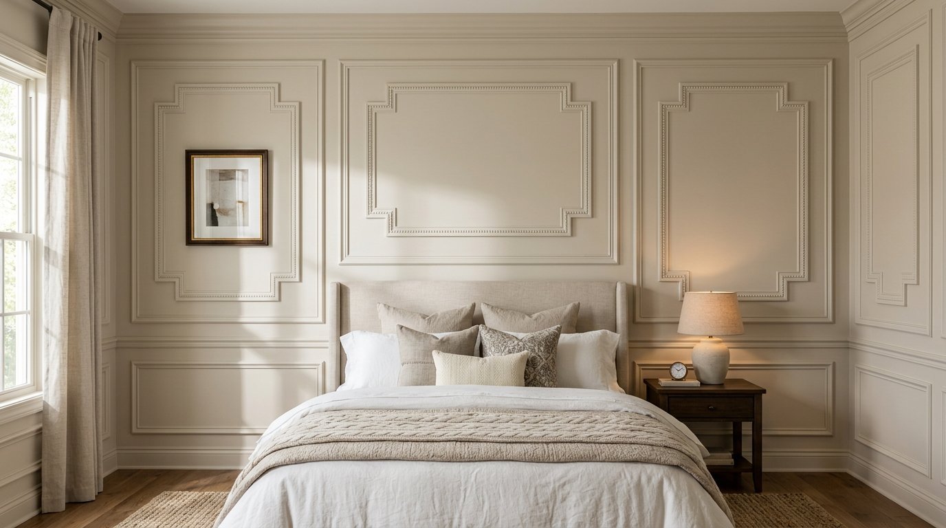 A tranquil bedroom with paneled walls, a neutral headboard, and a bedside table with a lamp.