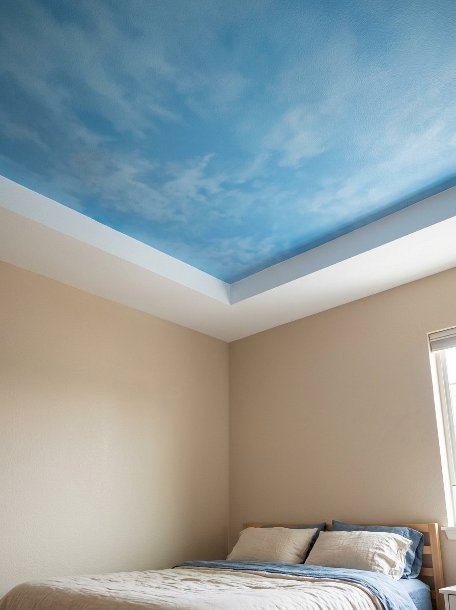 Modern bedroom with neutral beige walls and a blue sky mural painted on the recessed ceiling.