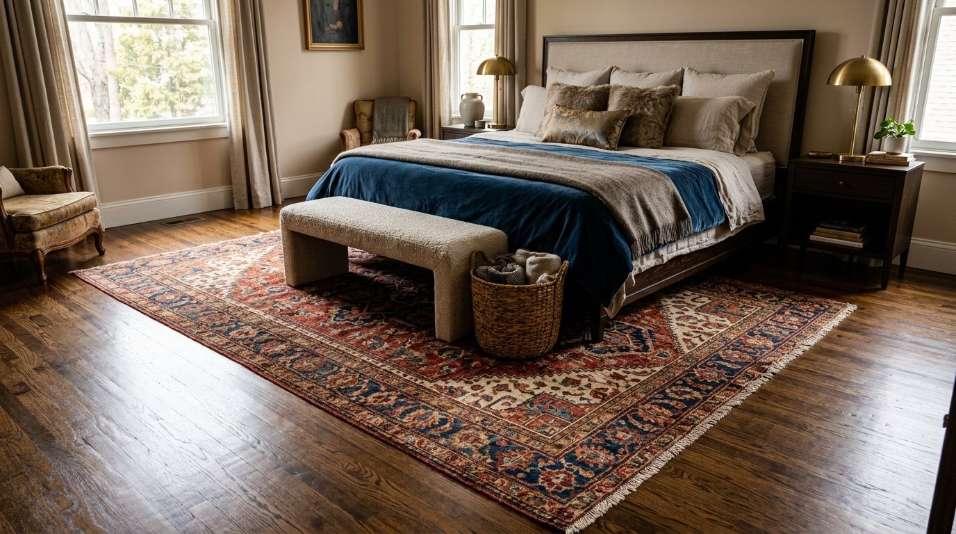 A bedroom with dark wood floors, a patterned rug, a blue bedspread, and a cream-colored bench at the foot of the bed.