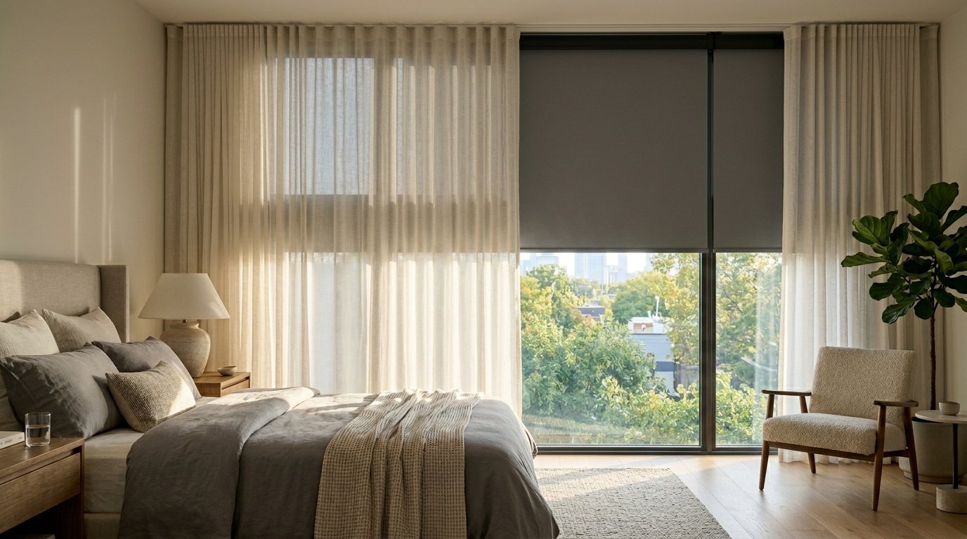 A bedroom with light beige sheer curtains layered over a dark blackout shade next to a window view.