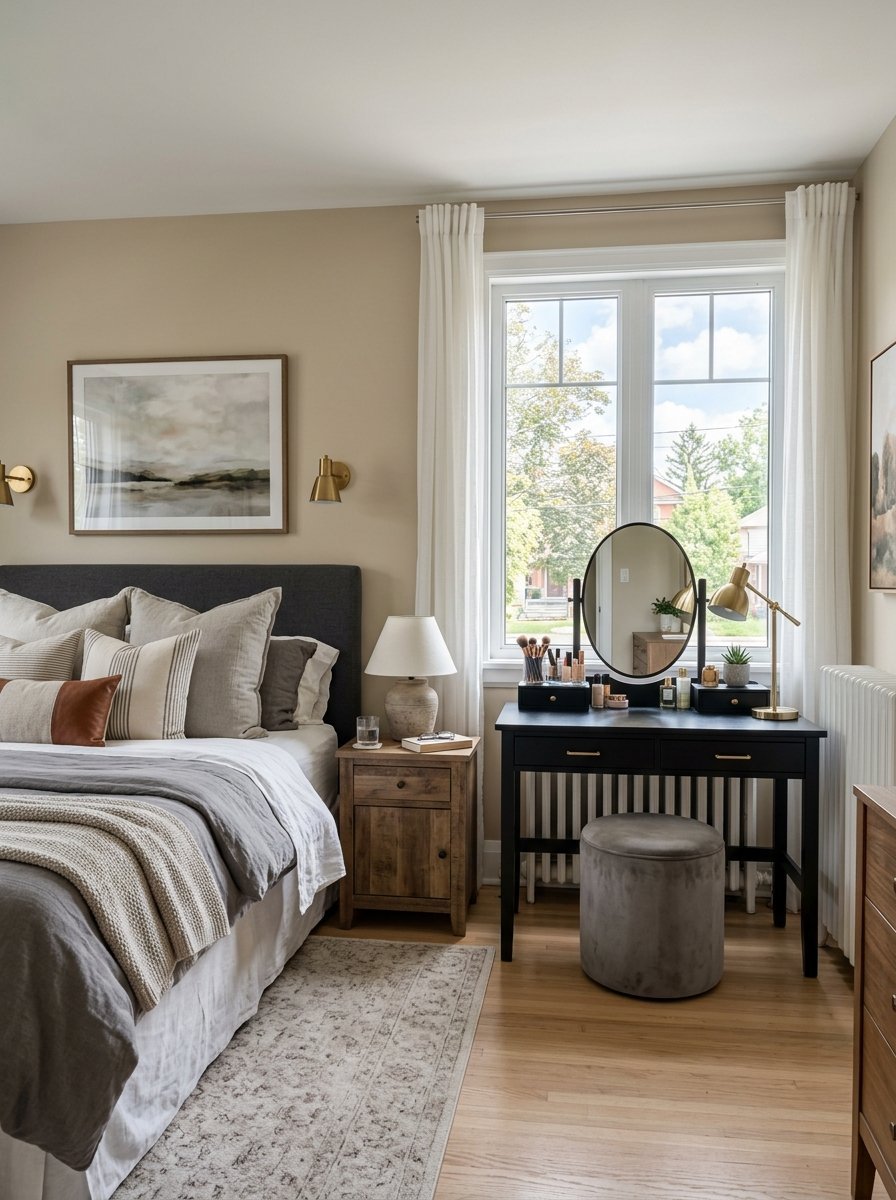 A bedroom corner showing a makeup desk with an oval mirror next to a bed with grey pillows and a wooden nightstand.