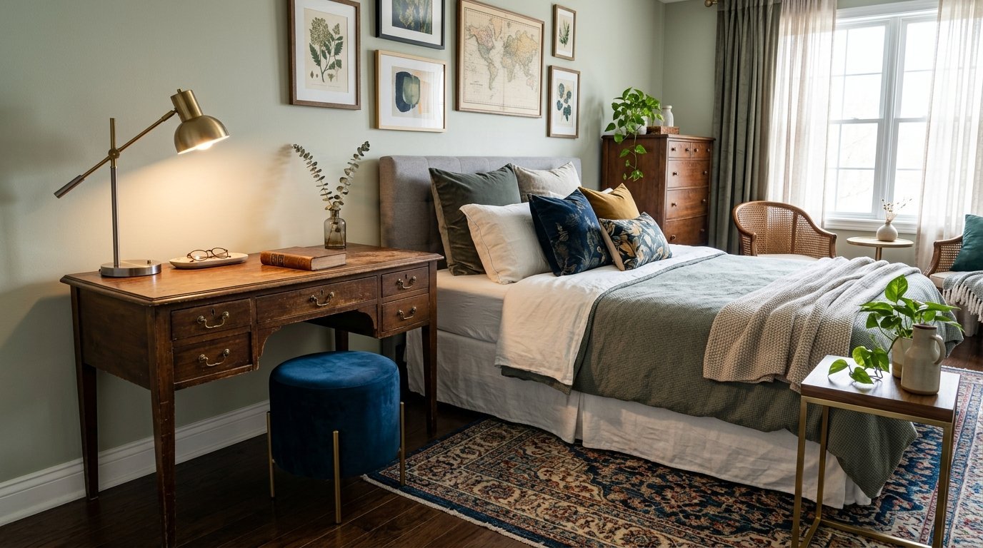A bedroom with sage green walls, a wooden desk, blue velvet stool, and a bed layered with textured blankets.