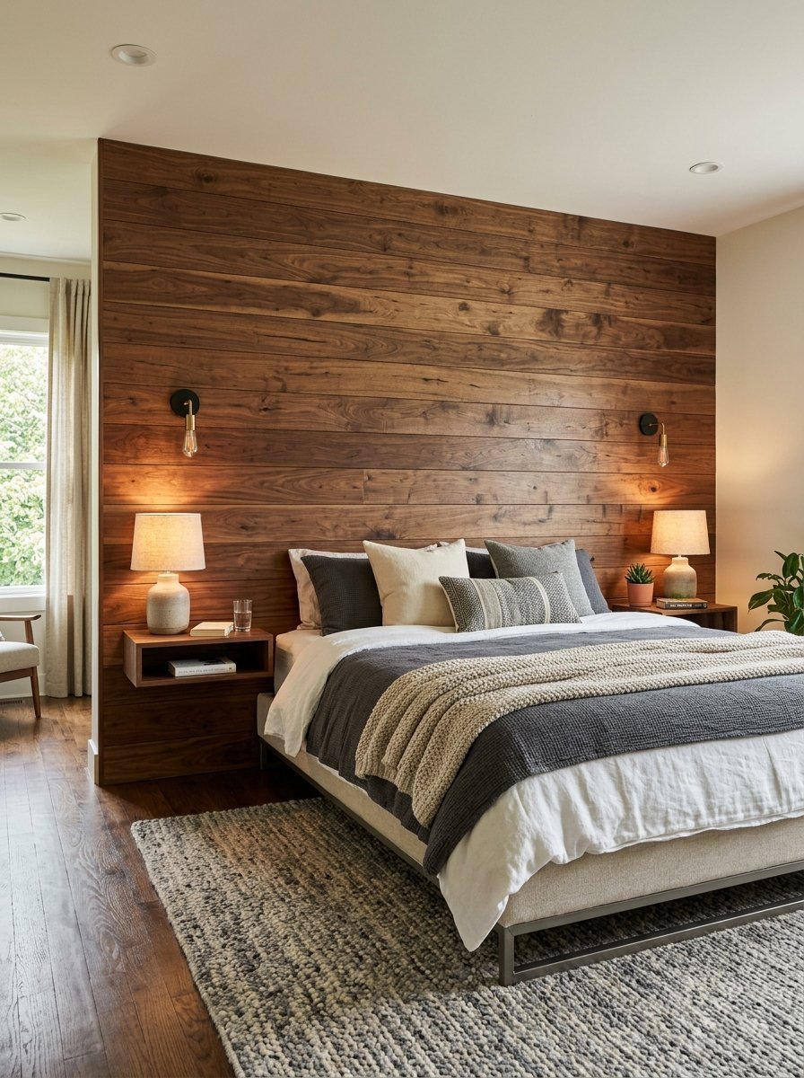 A bed with grey bedding and wood paneled headboard wall with floating nightstands and soft table lamps.