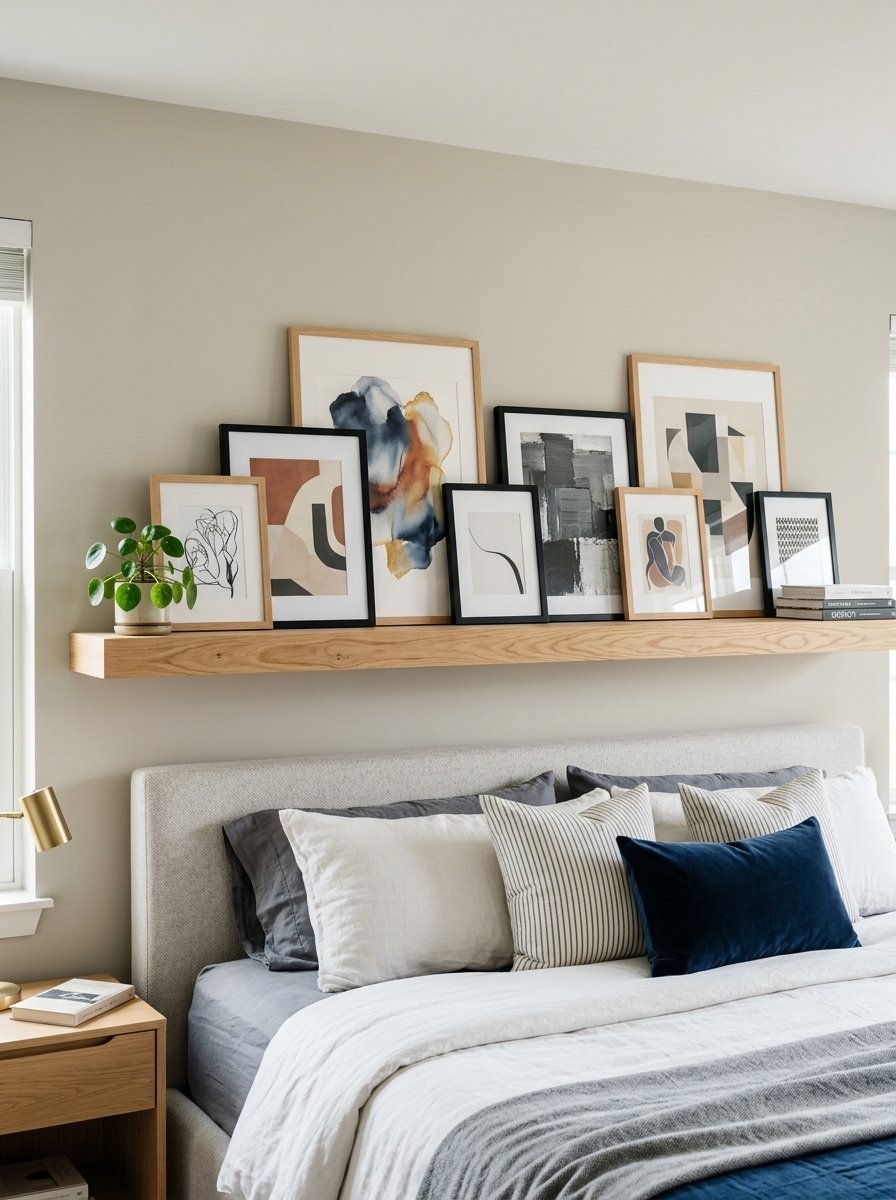 A wooden shelf above a bed displaying various abstract framed art pieces and a small green plant.