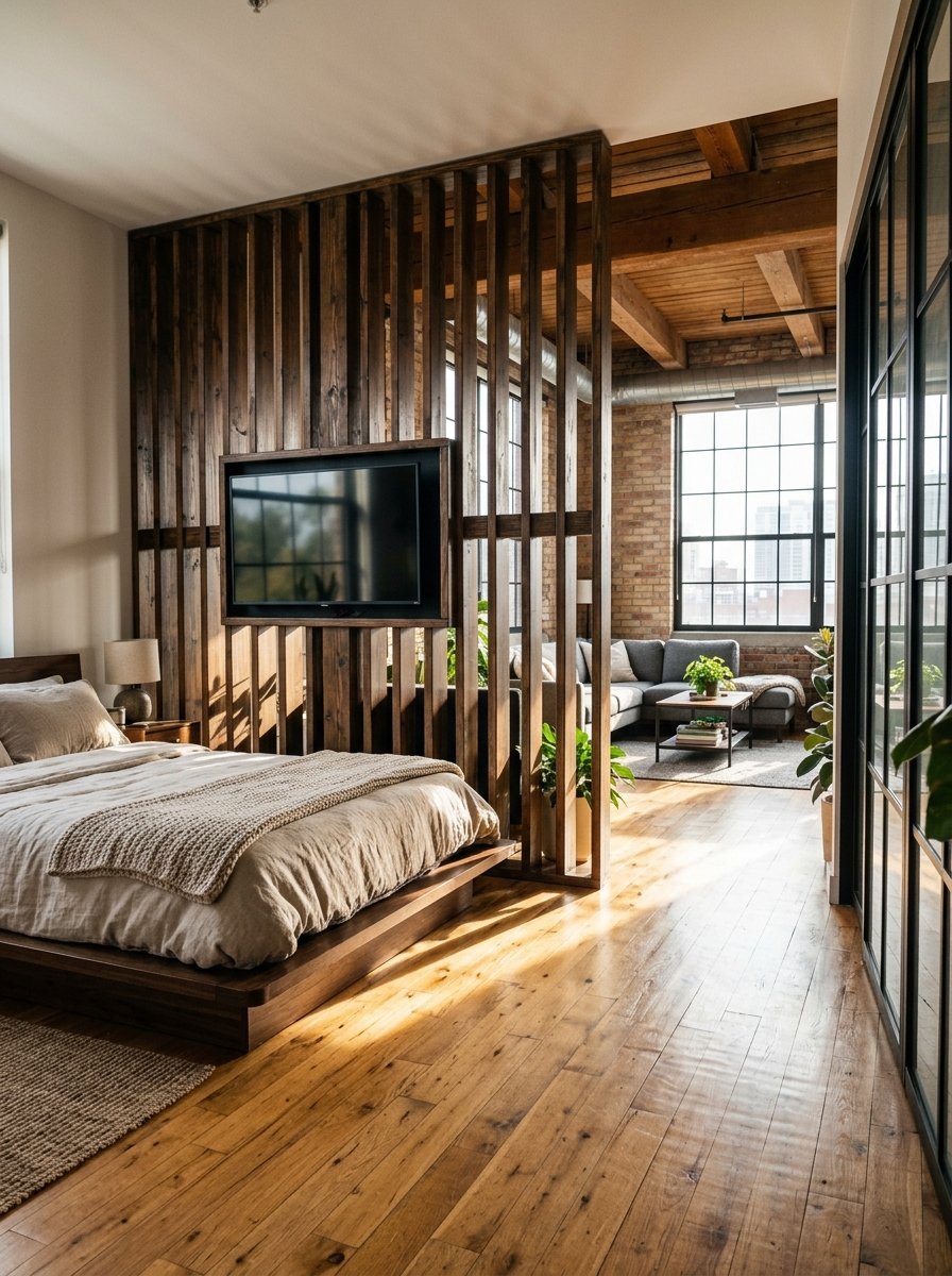 Modern bedroom featuring a wooden slat wall divider with an integrated television separating the bed from the living area.