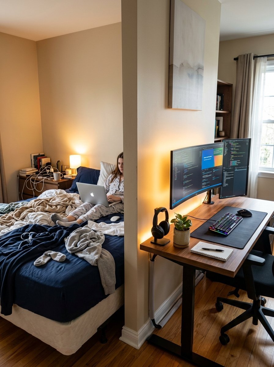 A divided room showing a cozy bedroom with a person using a laptop next to a sleek computer workstation desk.