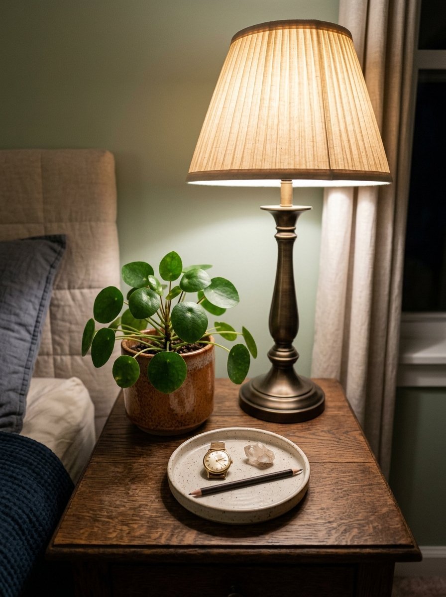A rustic wood nightstand holds a lamp, a pilea plant, and a ceramic dish with a watch, pencil, and crystal.