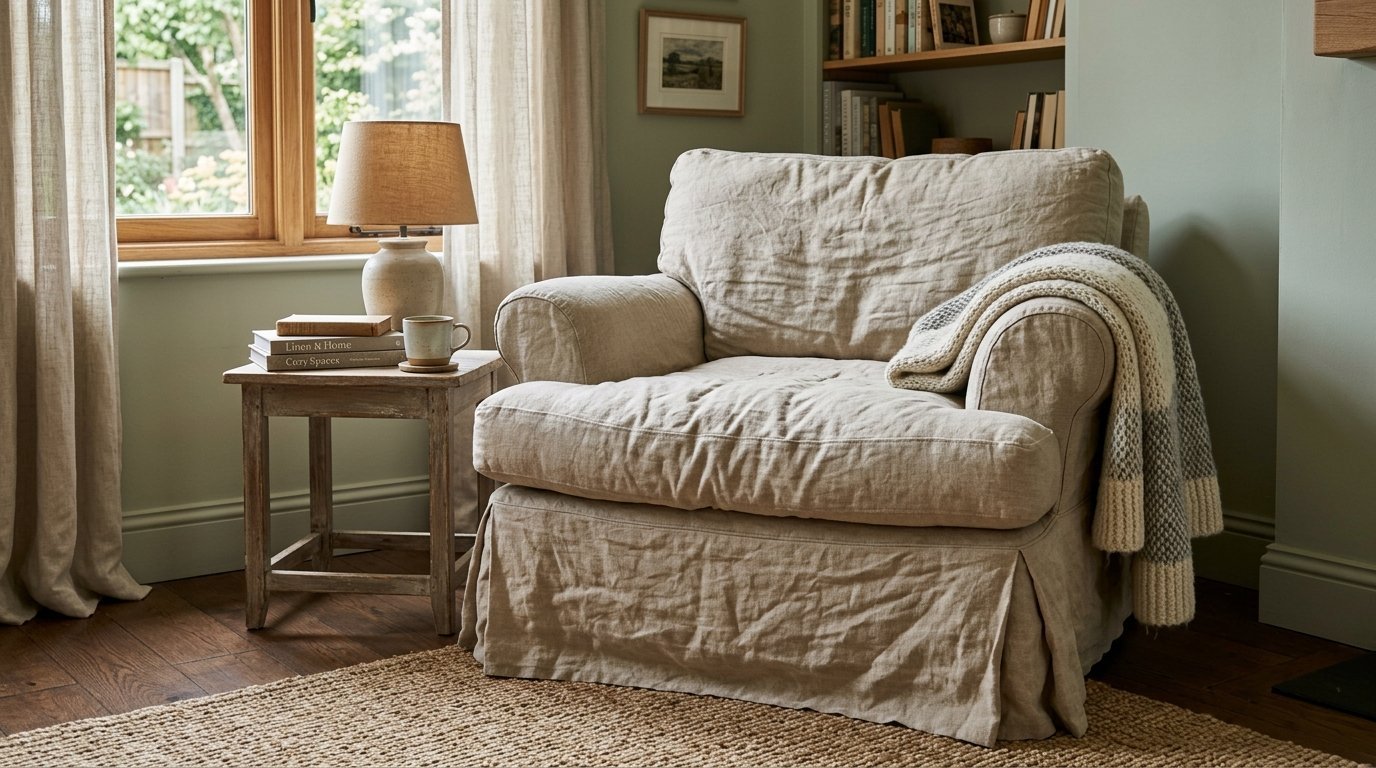 A plush tan linen slipcovered chair sits beside a small wooden table with a lamp and stacked books in a quiet room.