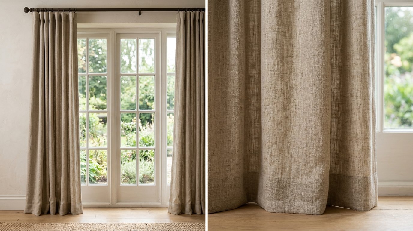 Close-up and full view of light brown textured linen drapes hanging on a dark metal rod over glass paneled doors.